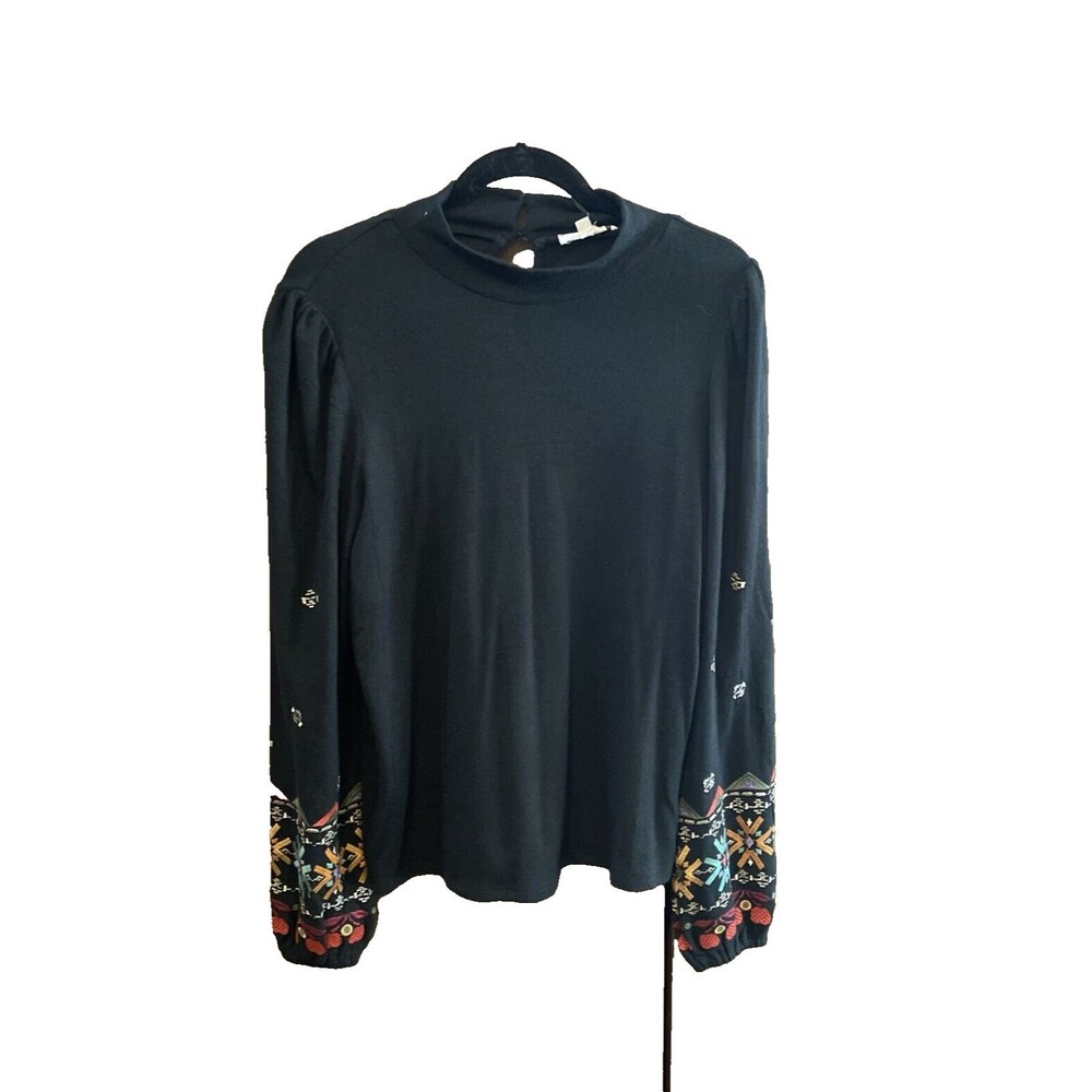 NEW - THML Sweater Women L Crew Neck Black embroidered sleeves - NWT